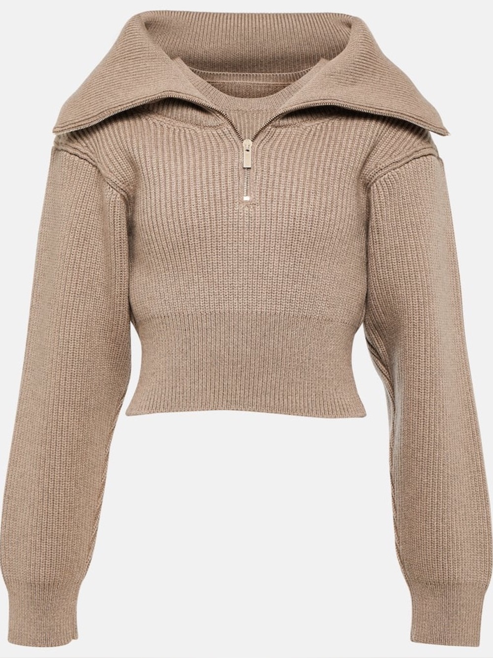 Jacquemus Le Maille Risoul Cropped Ribbed Wool Half-Zip Sweater, Light Beige 44
